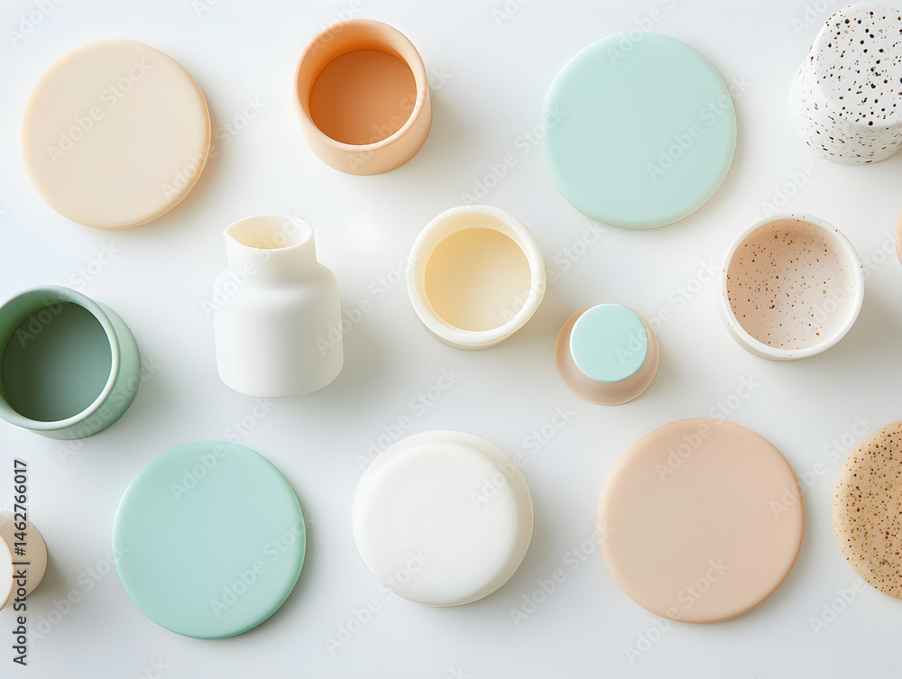 Aufkleber a collection of ceramic objects arranged on a white surface with soft lighting. suitable for showcas
