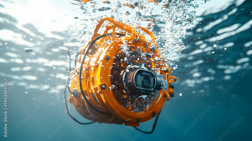 Poster an orange underwater camera floats in water. it is surrounded by bubbles suggesting it is a deep wat