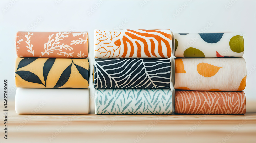 Aufkleber nine decorative cylindrical blocks arranged in a stackable pattern showcasing various colorful artis