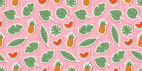 Seamless tropical pattern featuring pineapples, watermelon slices, and green leaves on a pink grid background. Perfect for summer-themed projects, wrapping paper, fabric, and surface design.