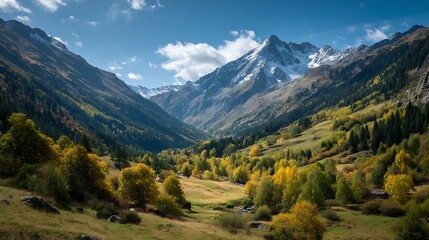 Fototapeta premium Scenic valley with autumn colors and snow peaks