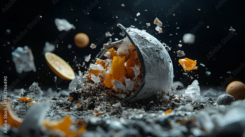 Aufkleber a dynamic still life depicts the chaotic explosion of an egg and its contents. suggesting destructio
