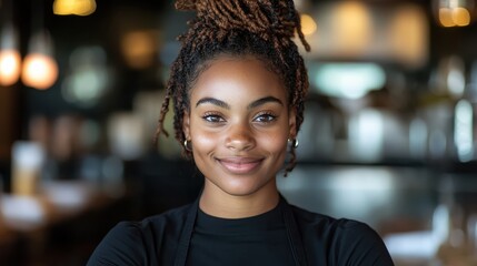 A cheerful young chef stands confidently in a bustling restaurant, showcasing skill and pride in culinary arts, embodying the joy of cooking and hospitality.