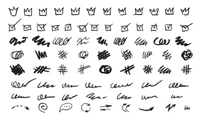 Seventy-five doodles of various shapes and sizes. Handwritten crowns, squiggly lines, arrows and more. Vector set