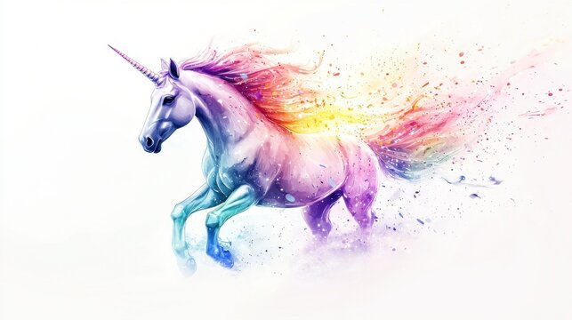 A majestic unicorn with a flowing mane of vivid colors gallops energetically across a mystical landscape. Its presence creates a whimsical atmosphere filled with sparks and light