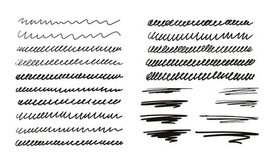 Fifteen hand drawn squiggly lines and eight underlines. Doodles and squiggles. Vector set