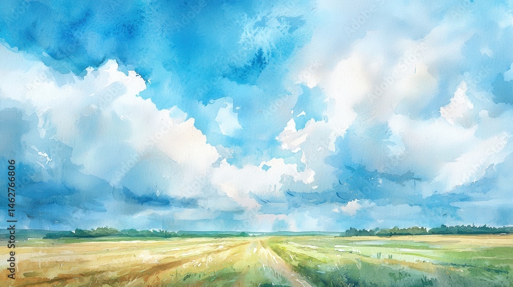 Poster bright clouds blanket the expansive blue sky, creating a stunning backdrop for golden fields that st