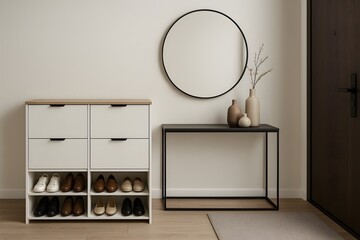 A modern entryway with shoe cabinet, round mirror, and decorative vases on a console table