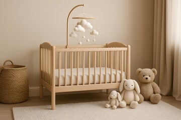 A neutral-toned nursery with wooden crib, cloud mobile, and plush toys