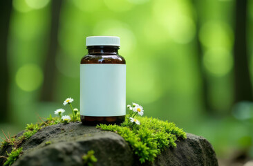 Medicine jar with white label against forest and nature background. Vitamin jar in nature. Natural supplements in jar with plants and flowers. Herbal food supplement.