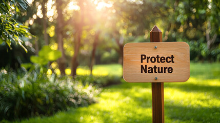 Eco-friendly wooden park sign PROTECT NATURE promoting nature conservation in green park scene. concept of environmental awareness, natural preservation, outdoor sustainability, Copy space