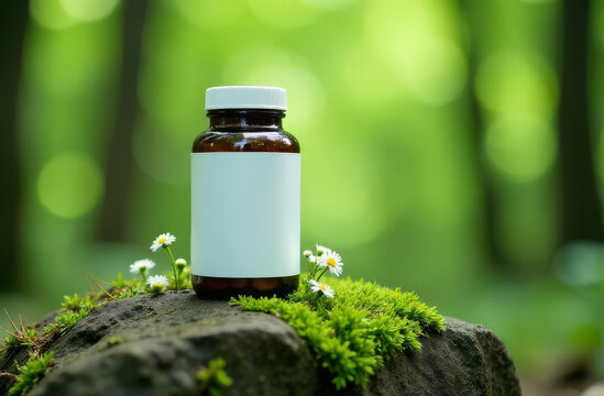 Medicine jar with white label against forest and nature background. Vitamin jar in nature. Natural supplements in jar with plants and flowers. Herbal food supplement.
