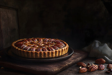 Richly Baked Pecan Pie on Rustic Wooden Table: A Holiday Dessert Classic