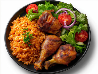 Fototapeta premium A traditional Nigerian jollof rice plate with fried chicken and salad, top view, isolated on transparent background