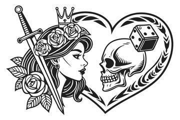 69 Dark gothic heart composition, crowned skull, Day of the Dead female face, roses, dice, dagger, skeletal hands, intricate details, monochrome tattoo style, symmetrical design, ornate crown, flowing