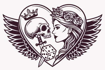 69 Dark gothic heart composition, crowned skull, Day of the Dead female face, roses, dice, dagger, skeletal hands, intricate details, monochrome tattoo style, symmetrical design, ornate crown, flowing