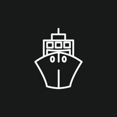 White Outline Icon of a Cargo Ship (Front View) on Black Background Maritime Transport, Freight, and Sea Vessel Symbol