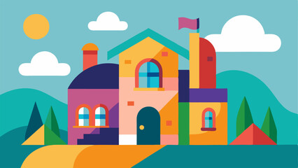 Obraz premium Exterior View with Dynamic Elements A whimsical illustration of a colorful house with a solid structure showing several rooms shifting in different directions. Some rooms appear to