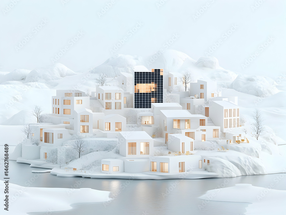 Aufkleber an artistic rendering of a white minimalist village nestled in a snowy landscape reflecting on water