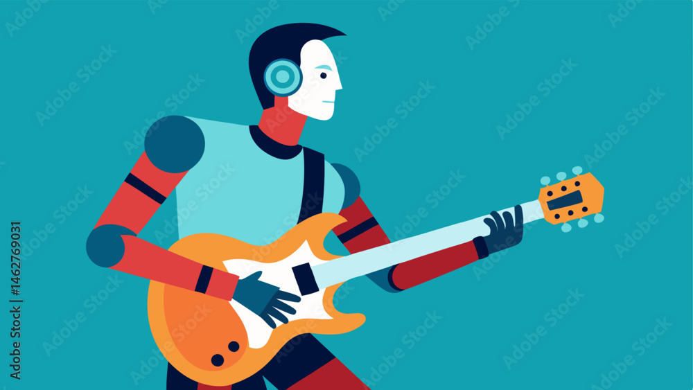Poster playing music a musician holds a guitar using a bionic arm adjusting the strings skillfully while st