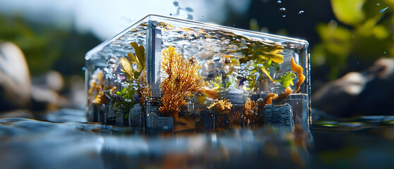 A mesmerizing blend of urban structures and vibrant underwater flora within a glass cube suggesting a future where nature reclaims cities. Ideal for environmental awareness campaigns and futuristic ar