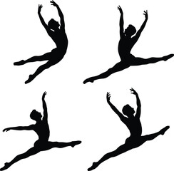 Set of Male Ballet Dancer Silhouette Leaping Mid-Air – Elegant Full Body Vector on White Background