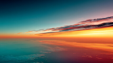 Breathtaking aerial view captures vibrant colors of sunset over horizon, showcasing gradient of blue, orange, and pink hues blending seamlessly. clouds reflect warm tones, creating serene