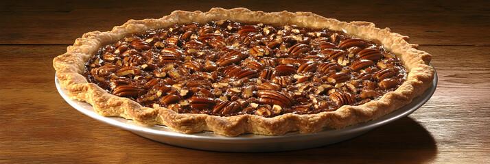 Richly Baked Pecan Pie on Rustic Wooden Table: A Holiday Dessert Classic