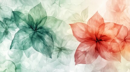 Elegant, translucent flowers in shades of green and red are layered against a soft, pastel background, creating a serene and artistic atmosphere perfect for decoration