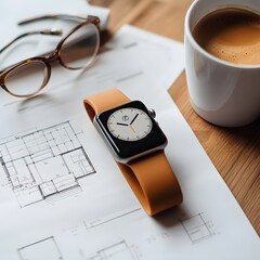 Smartwatch on Architectural Blueprint with Coffee and Eyeglasses