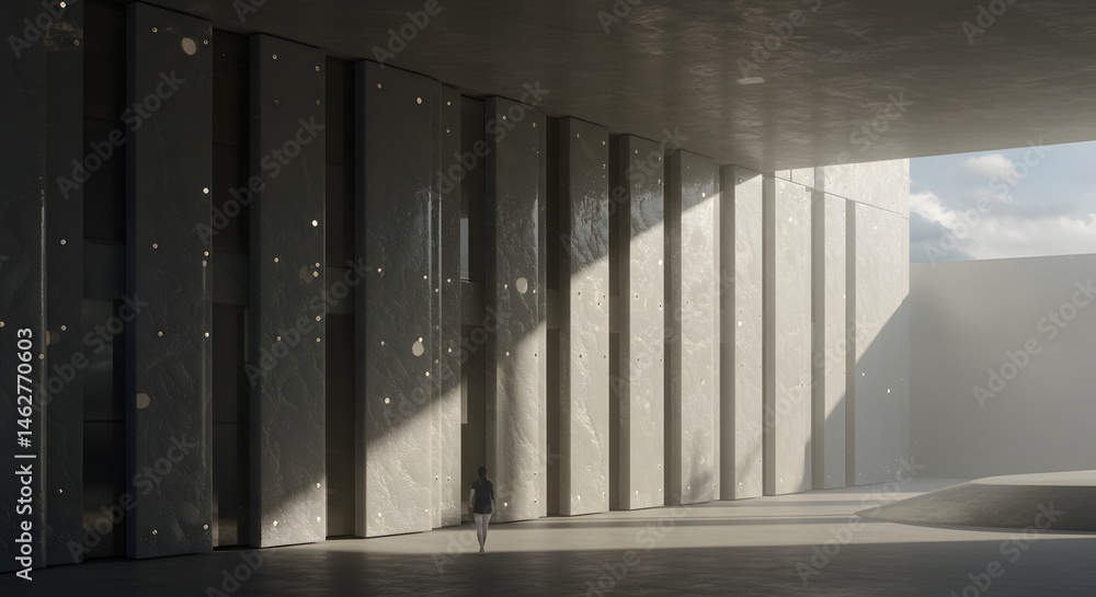 Aufkleber minimalist architecture with a human touch: woman walking in a modern concrete structure bathed in s
