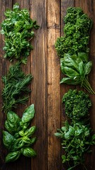 Fresh herbs arranged on rustic wooden surface.  Culinary greens in vibrant color