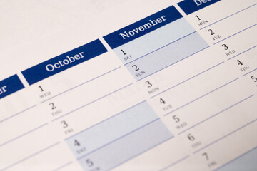 Printed calendar pages showing October and November
