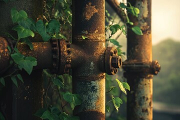 Rusty metal pipes intertwined with lush green foliage, showcasing nature's reclamation of industrial decay.