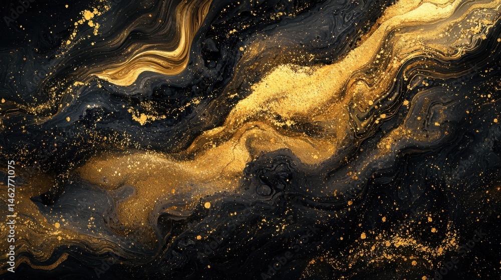 Poster a swirling abstract pattern showcases vibrant gold and deep black colors, creating a luxurious, eleg