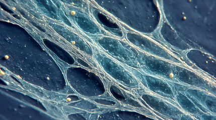 Microscopic view of nerve terminals showcasing intricate structures resembling motor end plates. image captures delicate network of fibers and small particles, evoking sense of complexity