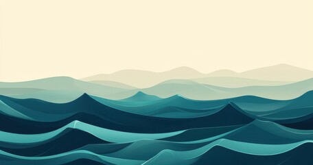 Abstract seascape with layered waves and hazy mountains. Soft teal and pale beige colors