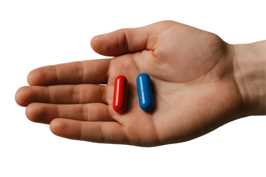 Hand Holding Red and Blue Pill – Symbol of Choice, Digital Awareness, Technology Dilemma and Modern Consciousness – Isolated on Transparent Background PNG