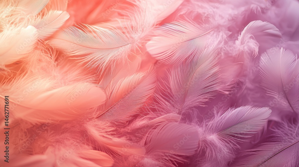 Poster delicate feathers in shades of pink and coral are layered together, creating a vibrant and soft text