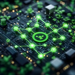 Eco-Tech Circuit Board with Glowing Green Network and Leaf Elements