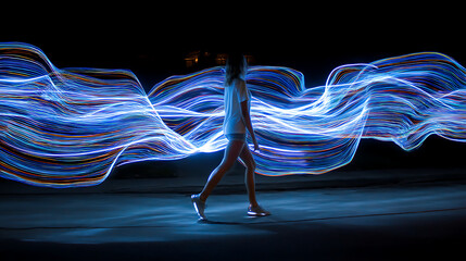 Person walks through dark environment, illuminated by vibrant LED light trails that create dynamic and colorful effect. scene captures sense of movement and creativity, showcasing interplay