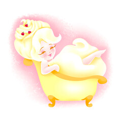 Raster illustration:  cute little fairy with hair made of sweet cream with berries in a bathtub filled with cream for postcards, goods for children, pastry shops, textiles, and dishes.