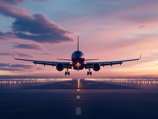 Obraz premium Airplane landing at sunset