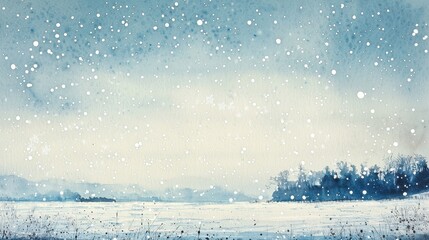 Fototapeta premium Large snowflakes gently fall over a calm winter lake, reflecting soft light from the muted dawn sky, while distant hills create a peaceful backdrop
