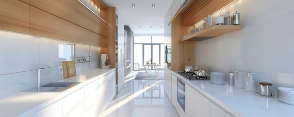 Fototapeta premium Modern, minimalist kitchen with white cabinetry, wood accents, and stainless steel appliances.
