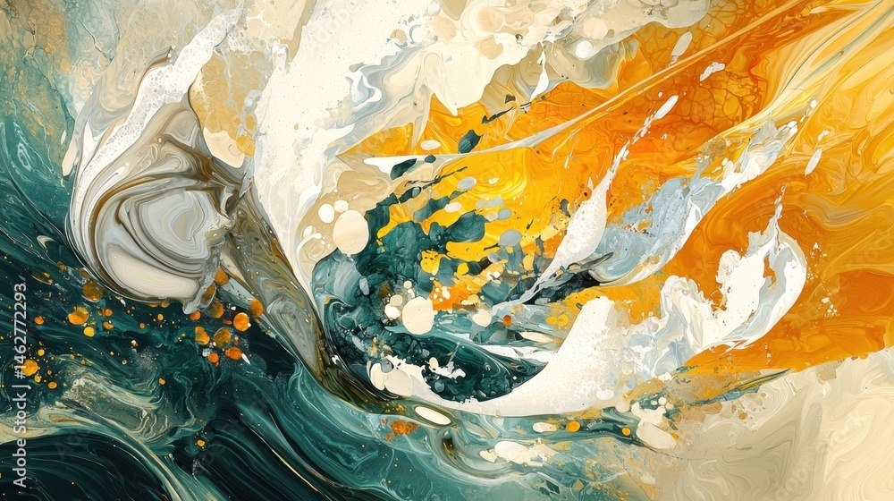 Poster vivid colors merge in dynamic patterns, showcasing an abstract design filled with vibrant orange, cr