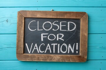 Closed for Vacation Sign on Teal Wooden Background