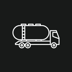 White Outline Icon of a Tanker Truck Transportation, Fuel, Liquid Cargo, and Delivery Vehicle Symbol on Black Background