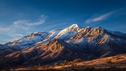 Snowy peaks glowing under a blue sky with wispy clouds