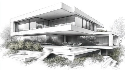 Modern, contemporary architectural sketch of a multi-level house with expansive glass windows